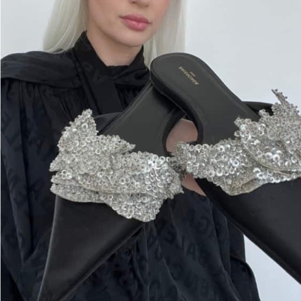Balenciaga Satin Sequin Embellished Slash Slippers - Picture 5 of 7